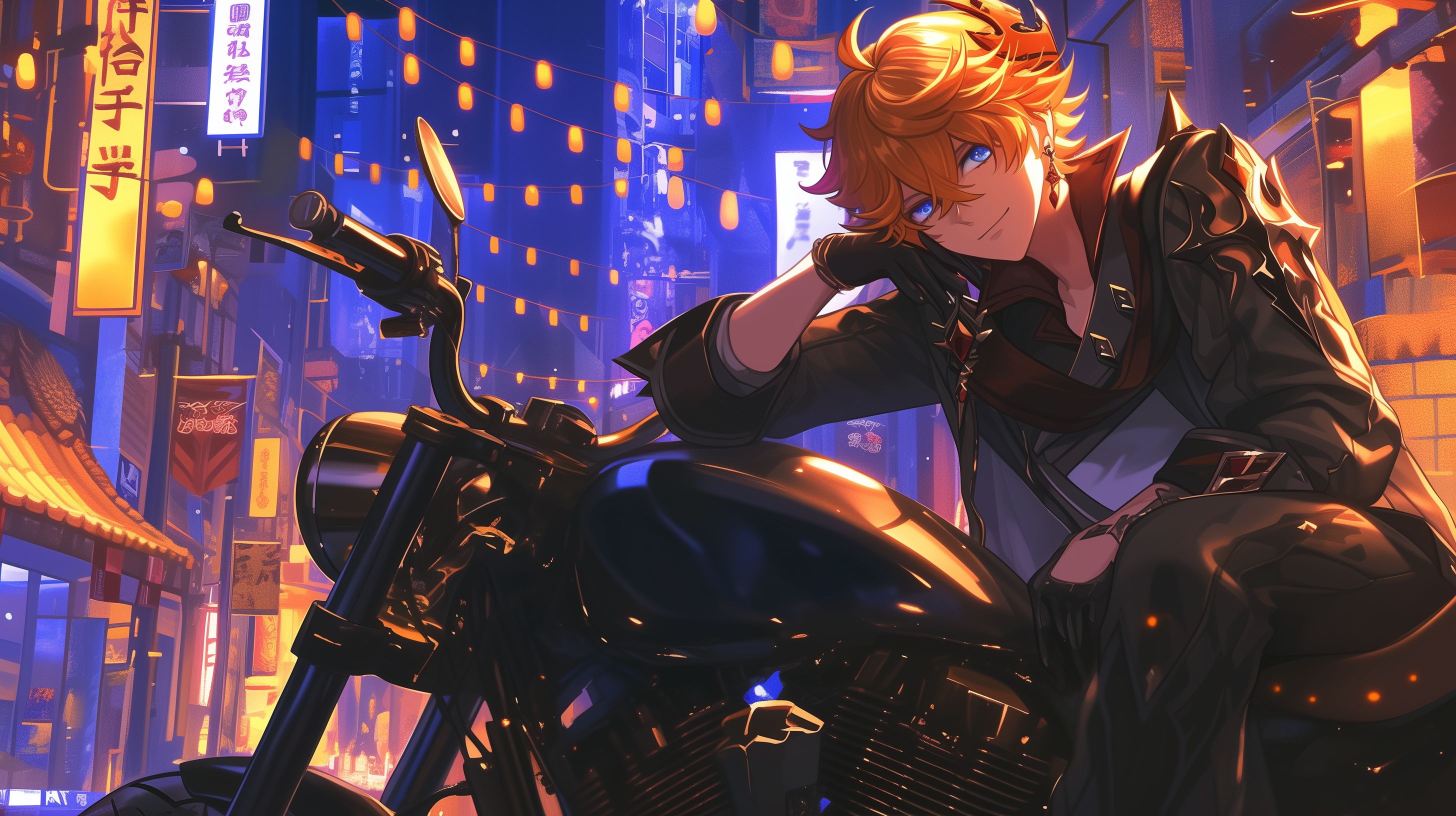 Prompt: Tartaglia from genshin impact, anime, cartoon, messy ginger orange hair, ahoge, ocean blue eyes, single red earing on right ear, leaning on a custom chopper, black leather jacket with a water design, big black buckled leather boots, lit up in an alleyway of a bustling city by bright neon lights, --ar 16:9 --niji 6