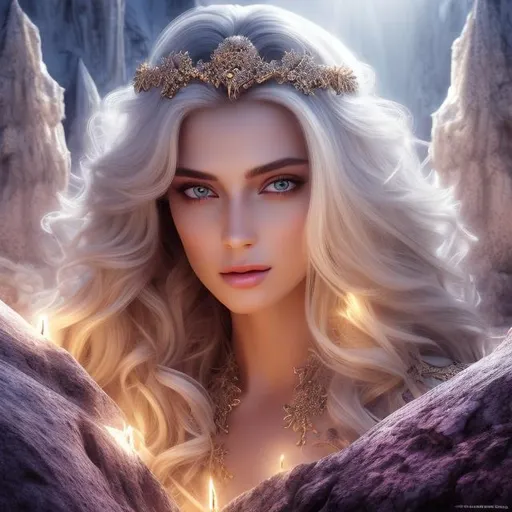 Prompt: HD 4k 3D 8k professional modeling photo hyper realistic beautiful woman ethereal greek goddess of laziness
evil white hair dark eyes gorgeous face pale skin shimmering dress with jewelry full body surrounded by magical glowing light hd landscape background dark cave laying down crystals