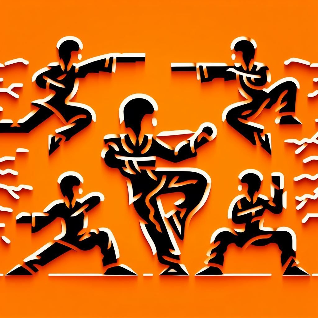 Prompt: kung-fu fighting in the style of intricate cut-outs, minimalist black and orange, 2d, slender, iconic, kawaii art, symmetrical, luminous shadowing, extreme depth of field