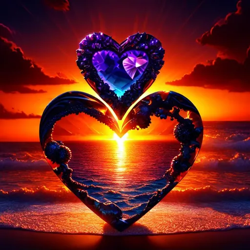 Prompt: Beautiful, Epic, Amazing, dark, 3D, HD, Crystal Beautiful {heart-shape}sun, Sunset, Looking towards the ocean, freeform chaos ultra HD, digital painting,  Tropical background, uber detailed, 64k, high quality, sharp focus, studio photo, intricate details, highly detailed --s98500