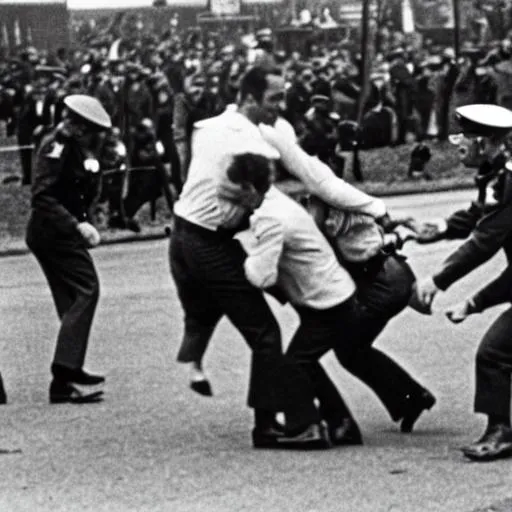 Prompt: old 60s photo of police beating up hippies