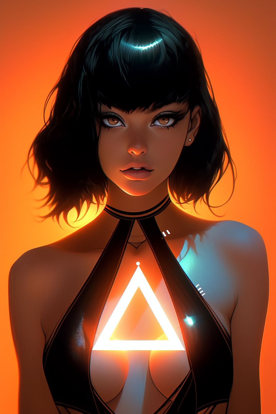 Prompt: A half sized portrait of an attractive 23yo beautiful white skin adult woman with black hair wearing a reflective neon orange, white, holographic, silver, dark titane, titane and black torn trikini lighted by neons at night. Perfect fit and beautiful feminine woman body. Manga drawing style, 2d: 2, retroism. Amateur photo, natural photo.