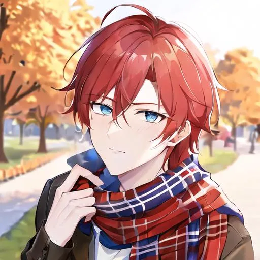 Prompt: Zerif 1male (Red side-swept hair covering his right eye, blue eyes), highly detailed face, wearing a cozy flannel shirt and a pair of stylish jeans. In the park, fall.  wearing a scarf, looking up at the sky, in a pumpkin patch,  young adult. Handsome,  detailed, UHD, HD, 4K, highly detailed, red haze, masculine, anime style