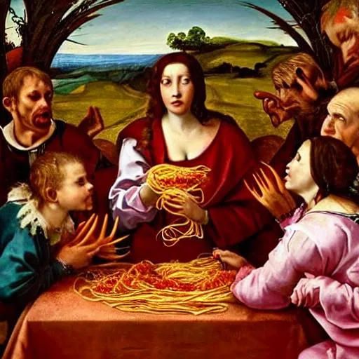Prompt: Renaissance painting of demon eating spaghetti 