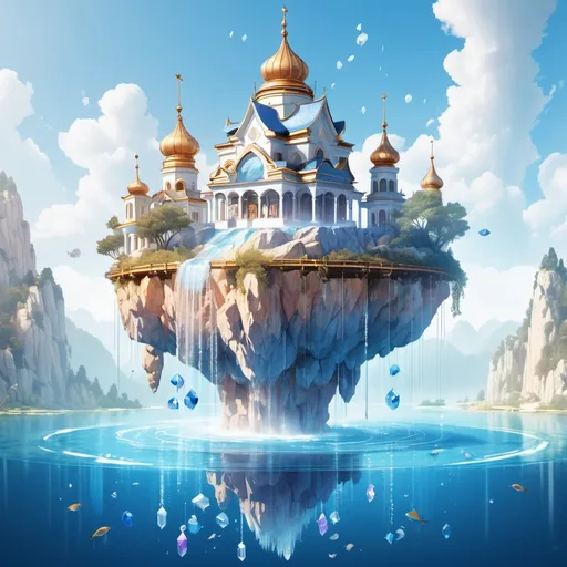 Prompt: floating island with a russian temple. suspended above a geyser adorned with natural crystals, anime, illustrative style, underwater 
