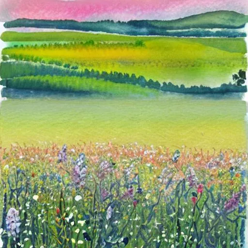 Prompt: gouache and watercolor textured painting, realistic, 
beautiful field with wildflowers 
flowers at different scales spread out within the field off into the distance and getting smaller in the distance, dreamy, texture, white clouds, paint strokes