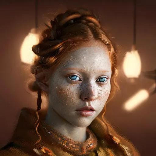 Prompt: Hyperrealistic painting of a peasant ginger women, nighttime, somber, 16k, highly detailed, big green eyes, exquisite , highly detailed, fluffy, intricate details, beautiful, lovely, adorable, beautiful, flawless, masterpiece, soft dramatic moody lighting, radiant love aura, ultra high quality octane render, hypermaximalist, kitchen, happy,closeup of face