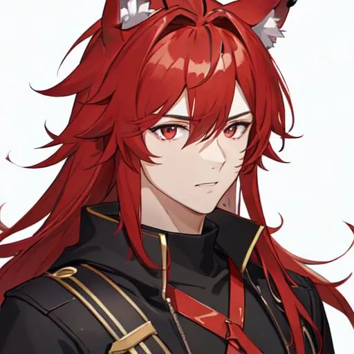 Prompt: male(Red side-swept hair covering his right eye) wolf ears, wolf tail, HD, 8K