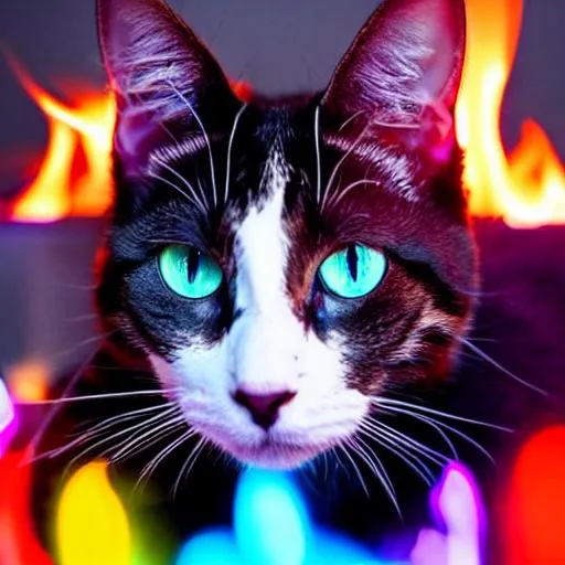 Prompt: Neon, cat, purple, blue eyes, fire, flames, hearts