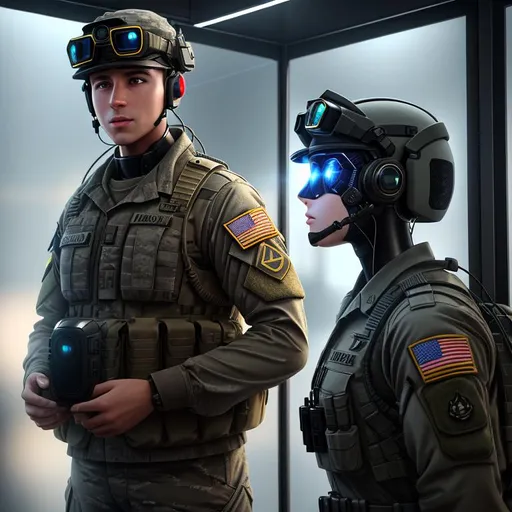 Prompt: (((a U.S. soldier talking to an AI hologram figure))), (((hyper photorealistic))), (((12K resolution))), (((hyper quality))), (((hyper-detailed))), (((12K raytracing))), ((realistic lighting)), ((realistic shadows)), ((realistic textures)), (realistic reflections), ((depth of field))