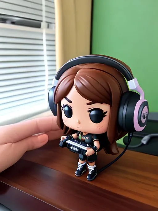 Prompt: cute girl gamer funko pop figure with long brown hair, brown eyes, holding a keyboard and wearing a headset