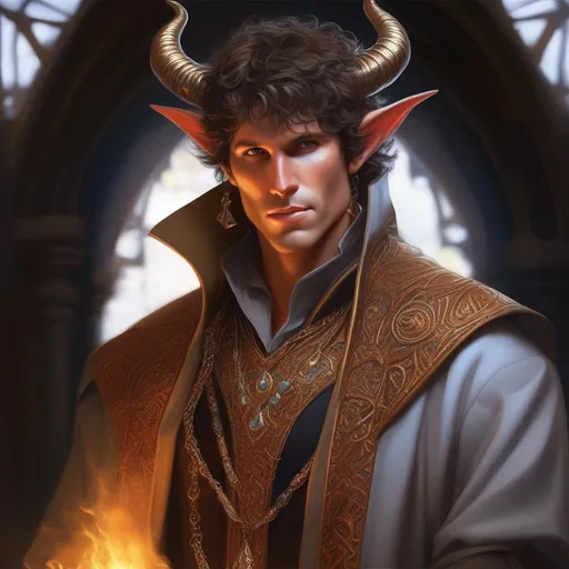 Prompt: (masterpiece, professional oil painting, epic digital art, best quality), Todd Howard as a tiefling sorcerer, intricate detailed skin, has a chain around his neck,