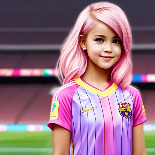 Prompt: Full body Portrait of {Beautiful girl } with {pink} hair and with cute face, {At the Spanish FC Barcelona stadium}, full body, perfect composition, hyperrealistic, super detailed, 8k, high quality, trending art, trending on artstation , sharp focus , Realistic background image of beautiful girls hd, intricate details, highly detailed.