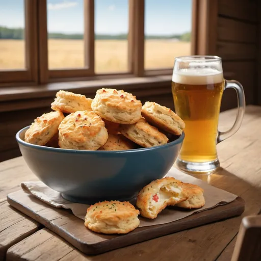 Prompt: A bowl of biscuits and a glass of beer on a table with a plate of food and a glass of beer, Anne Said, regionalism, heavenly, a stock photo. Photorealistic image of Red Lobster Cheddar Bay Biscuits on a rustic wooden table, with warm afternoon light streaming in from a nearby window.