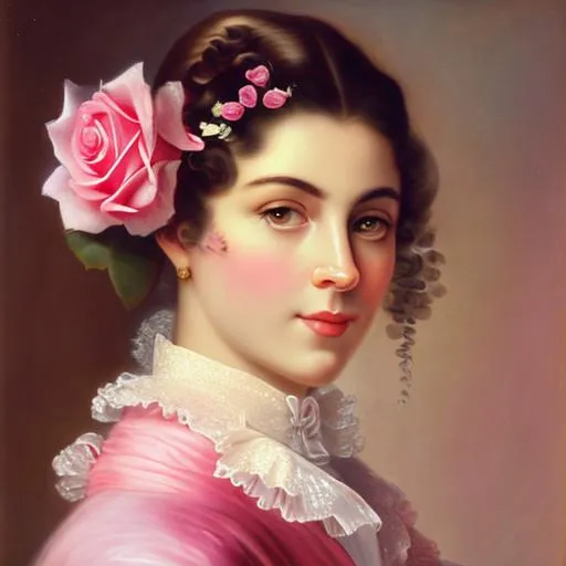 Prompt: A woman with  pink roses, facial closeup