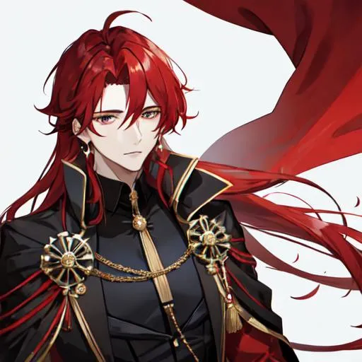 Prompt: Zerif 1male (Red side-swept hair covering his right eye) wearing a black royal suit, white cape, 