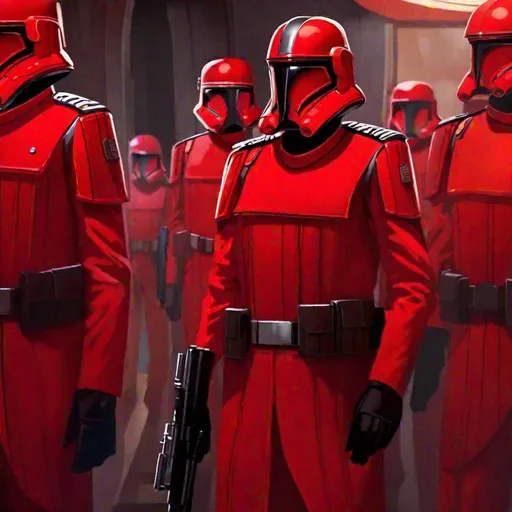 Prompt: An imperial officer from star wars in red uniform. He wears an helmet covering face and head. Star wars art. 2d art. Rpg art. 2d.
