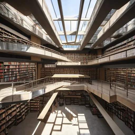 Prompt: a large multi story library filled with books and with brutalist architecture and lots of skylights and foot paths  