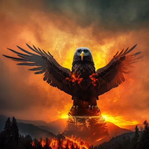 Prompt: double exposure combines a full portrait of a giant eagle and a forest on fire, sharp focus, against the backdrop of the setting sun, ultra dynamic light, high quality,