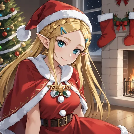 Prompt: princess zelda smiling, wearing a santa costume, 