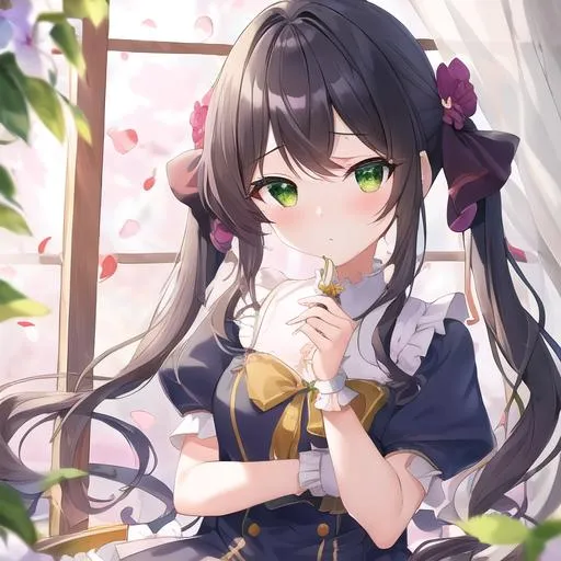 Prompt: (masterpiece, best quality:1.2), illustration, absurdres, highres, extremely detailed, 1 petite girl inside a (sandglass), navy long hair, small double pigtails, green eyes, eye highlights, dress, short puffy sleeves, frills, flower, fluttering petals, upper body, depth of field, (:d:0.8), chromatic aberration abuse,pastel color, Depth of field, purple tint,(purple fog:1.3)