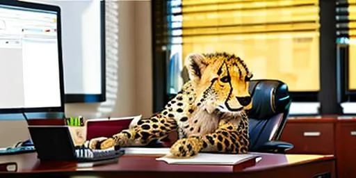 a cheetah working in an office. red highlights | OpenArt