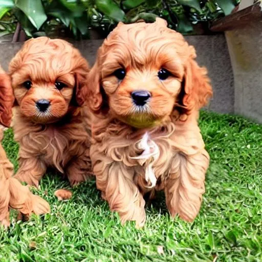 Prompt: cute golden cavapoo puppies with a bath