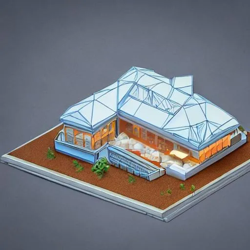 Prompt: architectural model, isometric view, 3 d render, studio lighting, low contrast, brightly lit studio, highly detailed, a thick house with triangular plan and circular windows, mansard roof, post - modernism, high tech, pool, tree