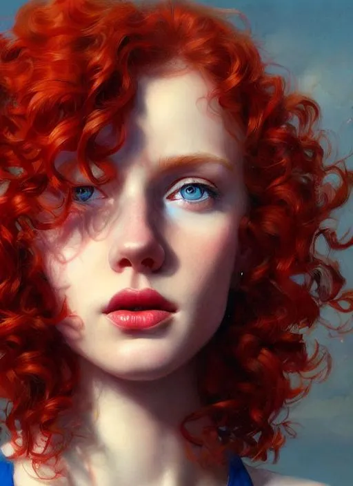 Prompt: Portrait of a woman with red, curly hair, blue eyes and with cute face, perfect composition, hyperrealistic, super detailed, 8k, high quality, trending art, trending on artstation, sharp focus, studio photo, intricate details, highly detailed, by greg rutkowski