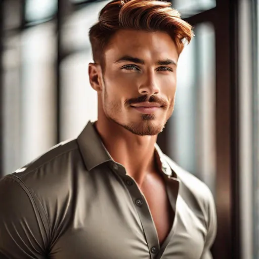 Prompt: Professional photoshoot of a pretty, muscular, handsome, tan, male model, with a thin mustache and stubble, red hair, youthful face, wearing a tight, button-down shirt, smirking, {defined shredded musculature, broad shoulders}, {sultry}, center frame, natural light, intricate detail, best quality