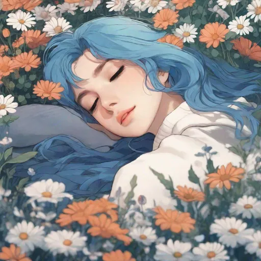 Prompt: close up shot, anime, ghibli, girl, lying in a bed of flowers, blue hair, headshot, delirious, midnight, moonlight, dreamy filter, white turtleneck sweater, eyes closed