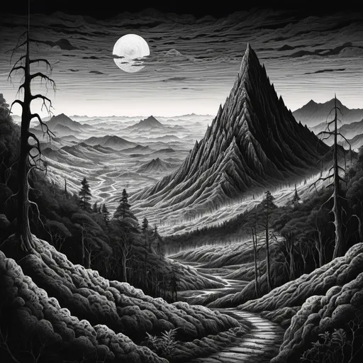 Prompt: Eerie black and white landscape illustration of alien mountains, Junji Ito style, nightmare, eerie atmosphere, detailed nature, dark and haunting, highres, detailed, eerie, Junji Ito style, alien landscape, black and white, nightmare, eerie, forest, nature, atmospheric lighting