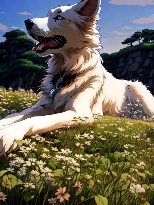 Prompt: Studio Ghibli Art Form , White Border Collie in Studio Ghibli Art Form, 8k , Very Detailed , Max Resolution , Photo Realistic , Centered Focused , Cartoon Castle in Studio Ghibli form in the background 