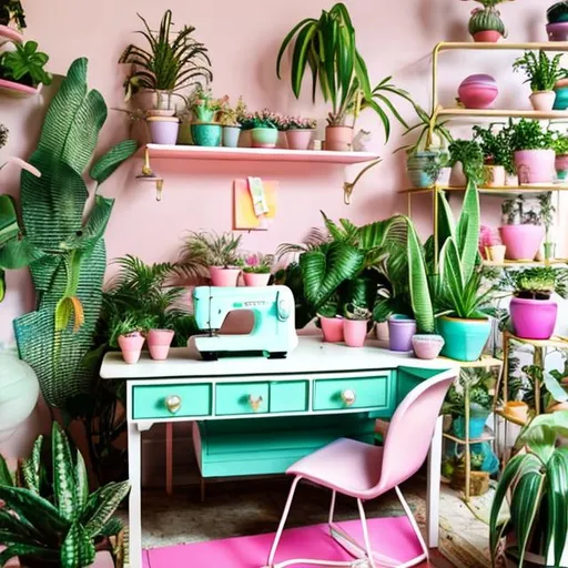 Prompt: eclectic bright retro pastel fashion studio with lots of potted plants and flowers and a sewing machine, boucle chair and a tailors mannequin
