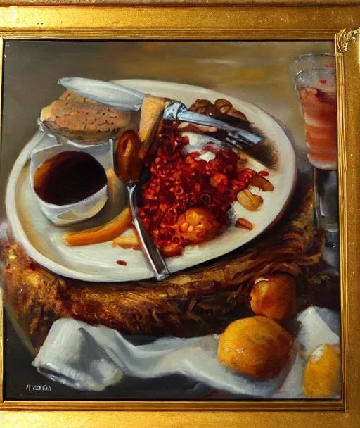 Prompt: Luxurious meal oil painting
