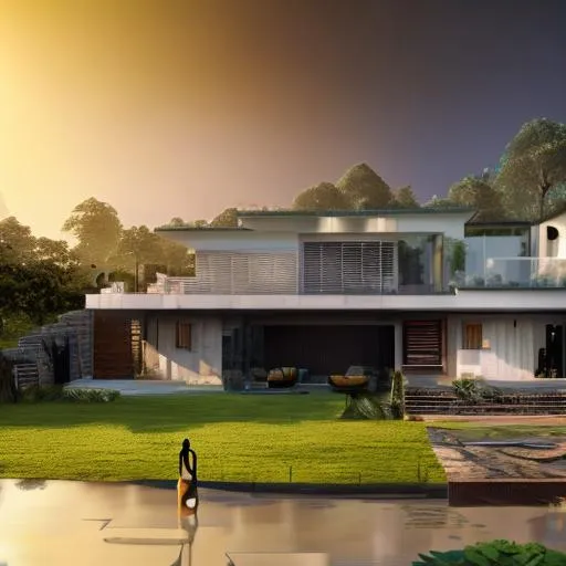 Prompt: modern design of beautiful detailed  2 story family house with a little bit of intricate and artistic congolese minerals details in small detailed beautiful modern paved Congolese town sunset behind the house, around the rainforest volumetric natural light wakanda style, cinematic light, ultra realistic, vray, far view, perspective landscape