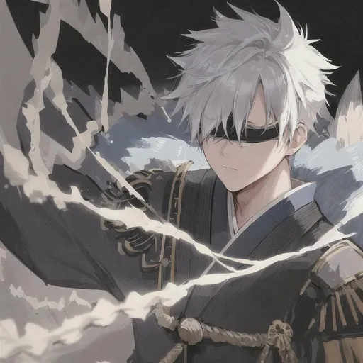 1boy, white spiky hair, blindfold, blue bloomy eyes