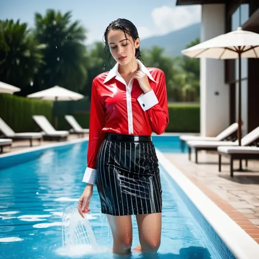 Prompt: photo of young woman, soaking wet clothes, black high heels, black pinstripe pencil skirt, red shirt with high white collar and white french cuffs,  , swimming pool,   enjoying, water dripping from clothes, clothes stuck to body,  detailed textures of the wet fabric, wet face, wet plastered hair,  wet, drenched, professional, high-quality details, full body view , wet hair, soaking clothes, swimming woman