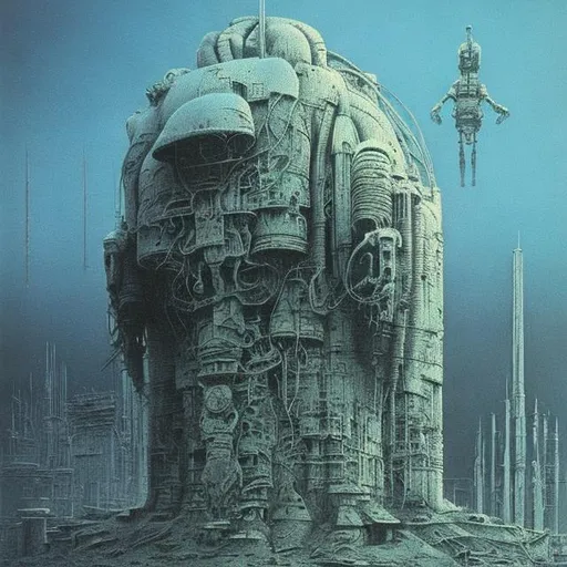 Prompt: Stanislaw Lem robot character in style of zdzislaw beksinski