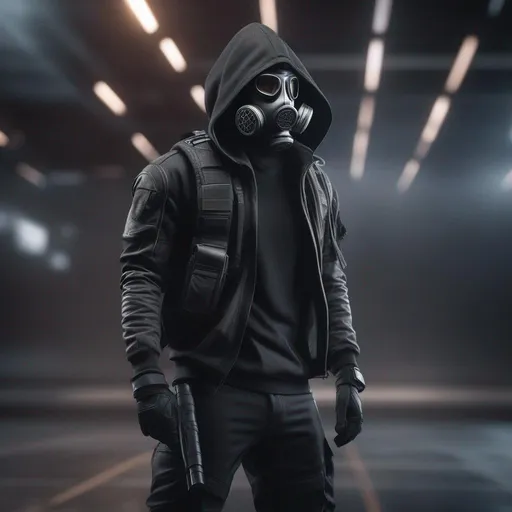 Prompt: Male agent with a gas mask, black and grey cyberpunk outfit with a hood, fighting a bandit, Hyperrealistic, sharp focus, Professional, UHD, HDR, 8K, Render, electronic, dramatic, vivid, pressure, stress, nervous vibe, loud, tension, traumatic, dark, cataclysmic, violent, fighting, Epic