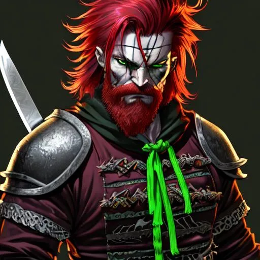 Prompt: sinister viking man, chaotic evil, red hair, short messy hair, neon green bandana around the neck, dark brown eyes with green highlights, dark brown long-sleeve shirt, pants, leather armor, two daggers, dozen throwing knives, 