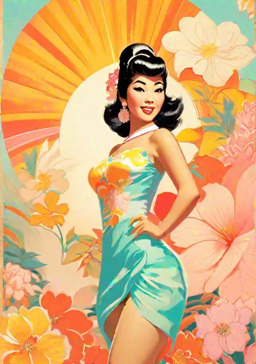 Prompt: A beautiful 60s asian pinup girl poster, with mainly like orange red, yellow, white,cyan and pastel pink hue colors.