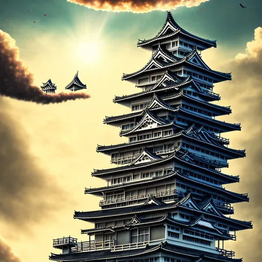 Prompt: Haboku artwork of a team of people wearing peace necklaces climbing the roof of a Japanese castle, highly detailed, cinematic lighting, retro-futuristic, vivid colors, overcast, beams of sunlight shining through the clouds