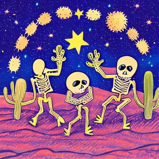 Prompt: Emma Atterbury groovy style illustration. Three happy skeletons dancing in the desert next to cactus plants. In the background there are canyons and stars in the sky. Colorful pastels colors