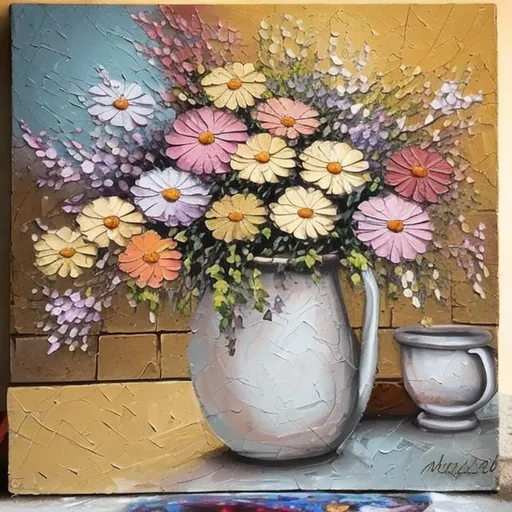 muted colors flowers painting on a patio impasto paint | OpenArt