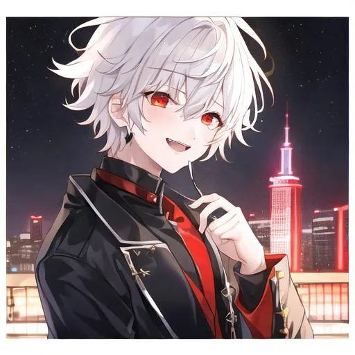 Prompt: 1boy, male, adult, calm demeanor, short_hair, hyperrealisitic, white_hair, black aura, blood, messy_hair, alternate costume, black jacket, red eyes, laughing, 4K, HDR, detailed face, detailed background, tokyo, night_sky, city, jacket