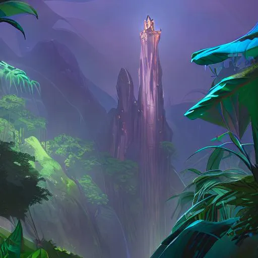 Prompt: A tall ancient iridescent stone spire looming over the middle dense lush jungle with is river that runs through the center
