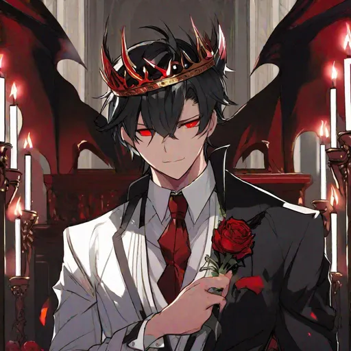 Prompt: Damien  (male, short black hair, red eyes) demon form, wearing a tuxedo, standing at the altar, biting his lip seductively, wearing a crown, holding a knife
