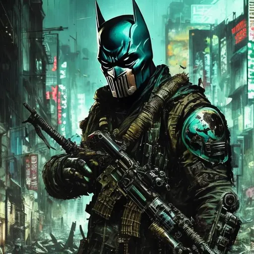 Prompt: Oily, olive and dark turquoise. Imperfect, Gritty, Todd McFarlane style futuristic army-trained villain batman punisher spawn. full face mask. Bloody. Hurt. Damaged. Accurate. realistic. evil eyes. Slow exposure. Detailed. Dirty. Dark and gritty. Post-apocalyptic Neo Tokyo .Futuristic. Shadows. Sinister. Armed. Fanatic. Intense. 