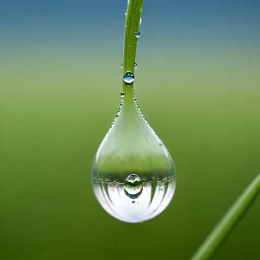 Prompt: A water drop caught in midstream and meadow reflection captured in droplet and background